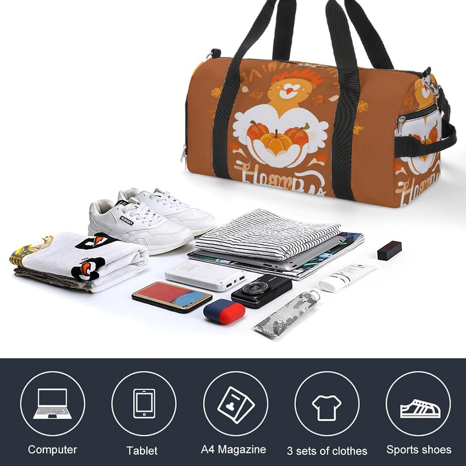 Thanksgiving Day Barrel Gym Bags for Men And Women, Duffle Bag for Travel Sports Bag Camping Weekend Carry on Overnight Duffel Bag with Shoulder Strap