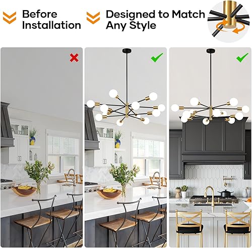 Miniatura 7 de Lámpara de techo moderna de 33 pulgadas, candelabro Sputnik de 12 luces, candelabro dorado y negro de mediados de siglo sobre mesa, lámparas de