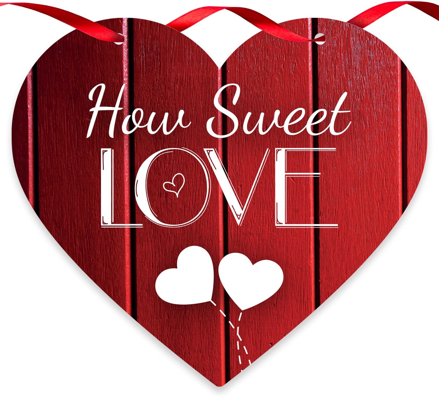 Valentine Decorations How Sweet Love Wood Look Red Background, 9 Inch Aluminum Heart Shaped Door Sign With Red Satin Ribbon by Soul Décor