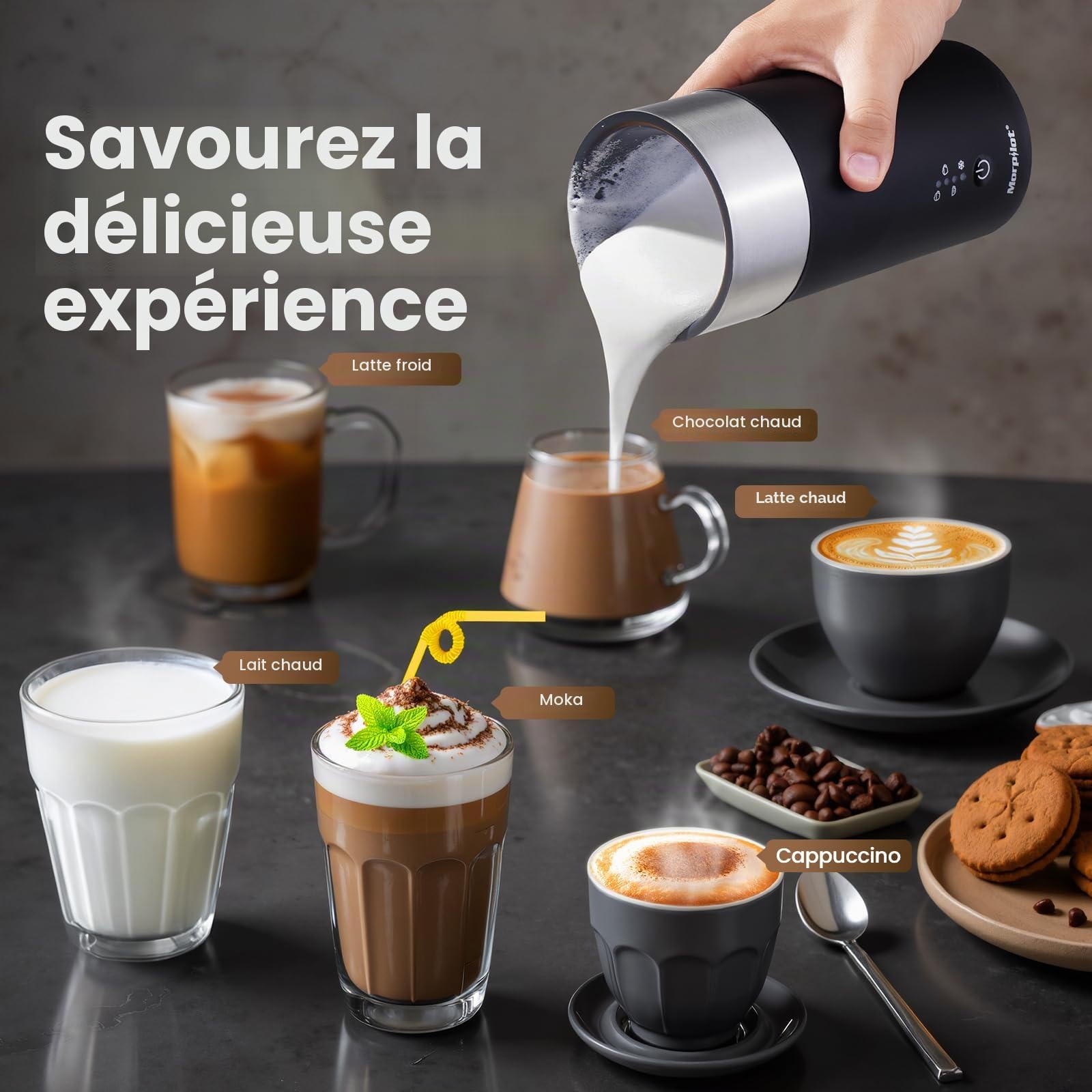 Morpilot Mousseur à Lait Electrique 4 EN 1, 80-240ml 400W Emulsionneur à Lait pour Mousse Chaude et Froide, Chauffe-lait avec Revêtement Antiadhésif en Acier Inox pour Macchiato Cappuccino Latte
