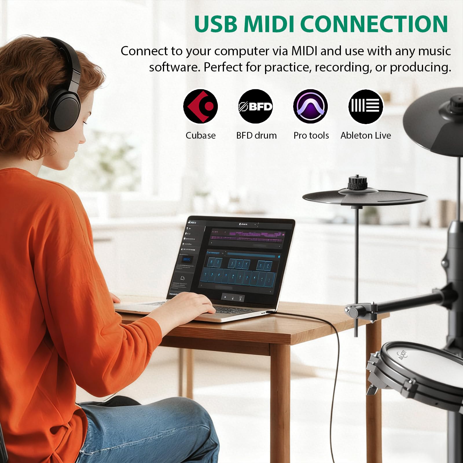 AiJoy Elektrisches Schlagzeug-Set für Anfänger – 4 leise Mesh-Pads, Dual Zone Snare, 15 Schlagzeug-Kits & 200+ Sounds, 9,5-Zoll-Becken, inklusive Thron, Sticks & Kopfhörer, perfektes Kit zum Üben