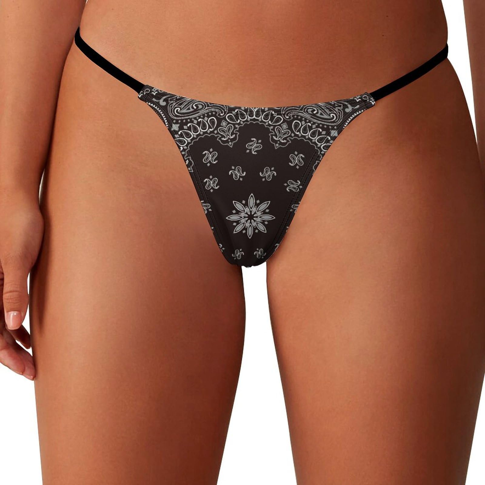 Ahdyr Women's As Pic Black Paisley Bandana Underwear Thongs Panties G-String Low Waist T Back