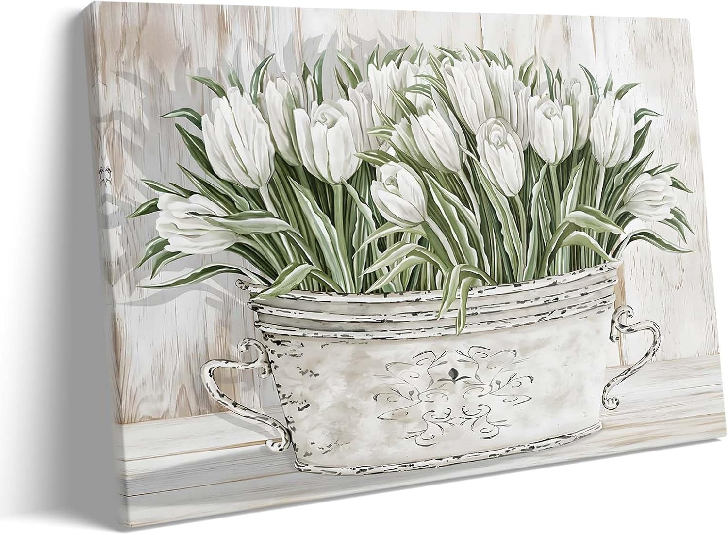 Vintage Floral Canvas Wall Art Decor - 11X14 inch Tulip Bouquet in Vintage Vase Framed Painting, Flower Art Print for Living Room, Bedroom, Farmhouse Style Canvas Artwork, Home Decor, Gift Idea