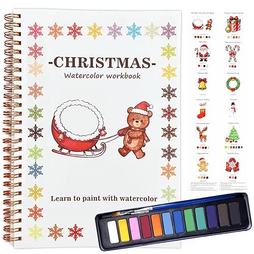 XIJQRAC Christmas Watercolor Workbook for Beginners Kids Adults,Watercolor Paint Set