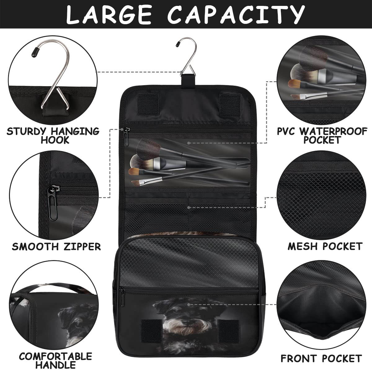 Sznaucer Pies Podróżna Kosmetyczka Śliczny Pies Mycie Torba Unisex Wiszące przybory toaletowe Kosmetyczka Organizer do makijażu, wielobarwny, Jeden rozmiar