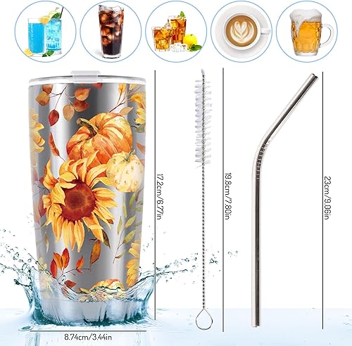 Miniatura 2 de Whaline Vaso de vino de acero inoxidable con diseño de girasol y acuarela de otoño, con popote y cepillo de limpieza, taza de café de Acción de