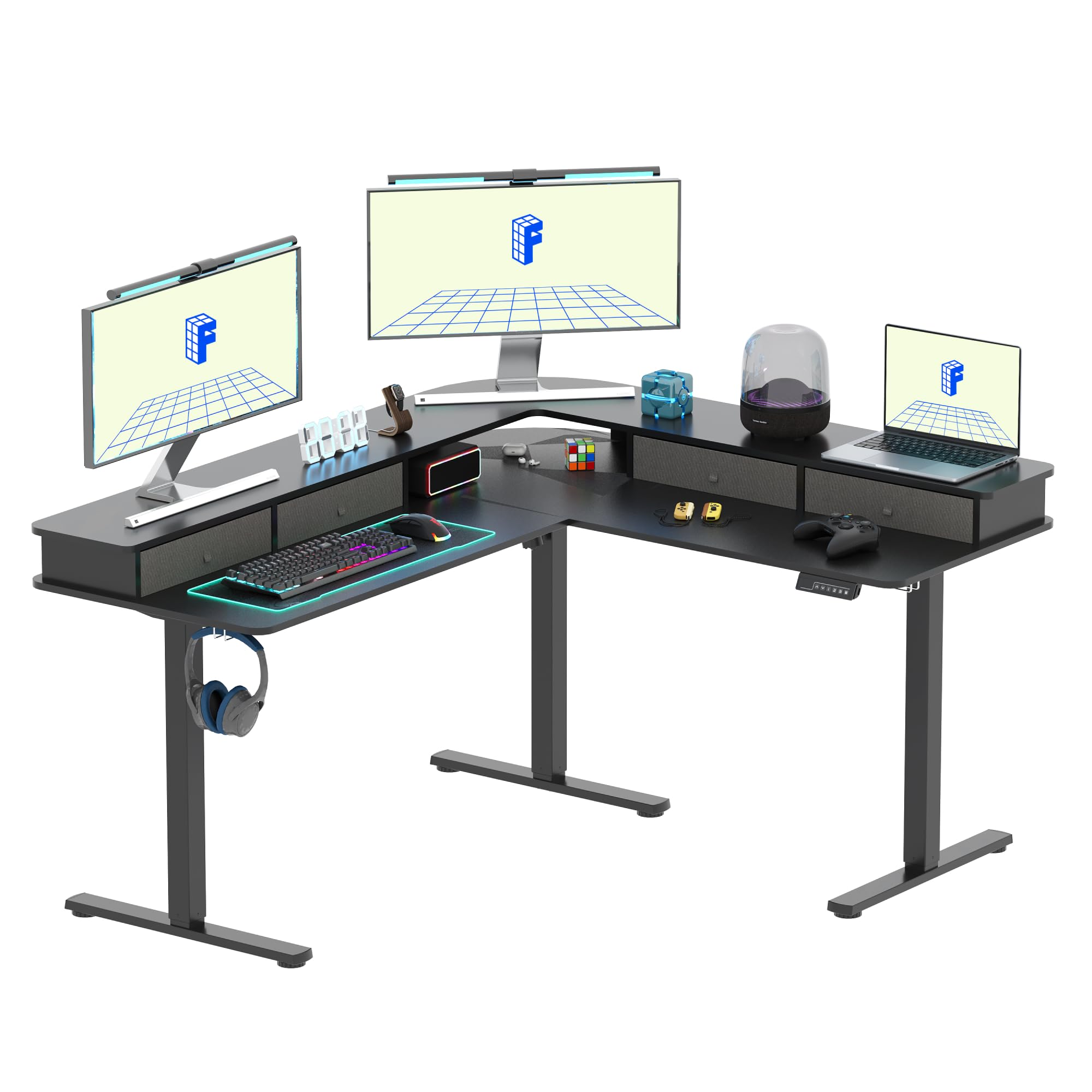 FLEXISPOT63'' L Shaped Standing Desk Electric Corner Table with Monitor Shelf, 4 Storage Drawers, Adjustable Computer Workstation for Home, Office, Game, Studio, USB Charger, Black Top + Black Frame