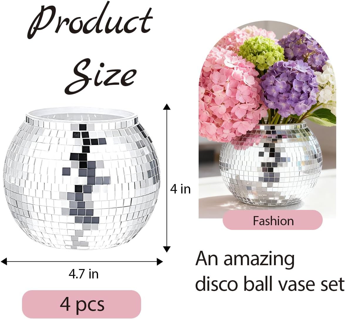 4 Pcs Disco Ball Vase 4" X 4.7" Disco Ball Vases for Centerpieces Silver Mirror Disco Ball Planter for Wedding Table Centerpieces Birthday Party Decoration