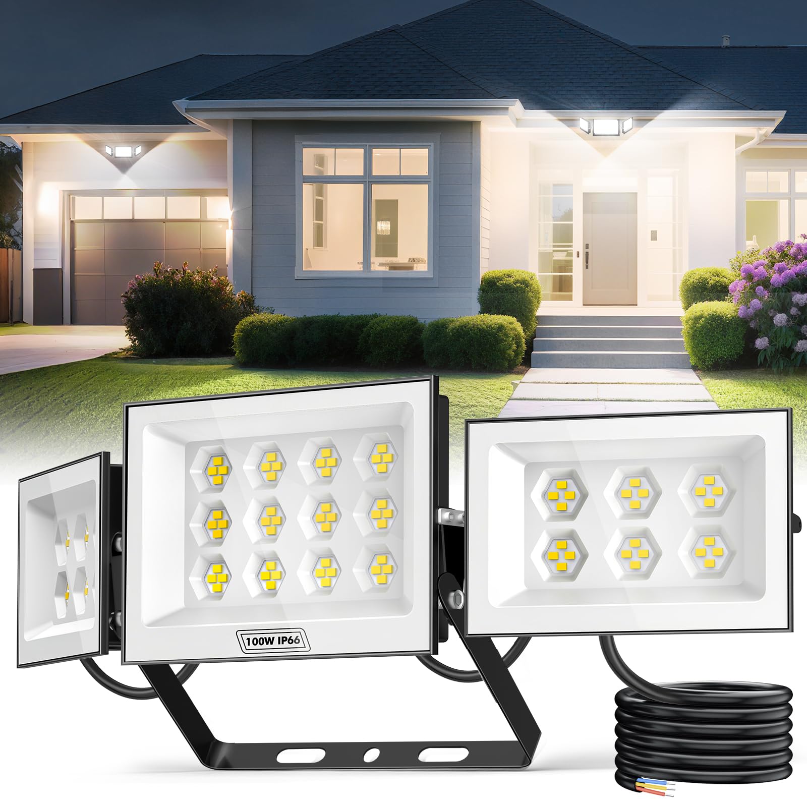 Ankishi 100W LED Floodlights Outdoor, 3 Adjustable Heads Security Lights, IP66 Super Bright Lights LED 10000LM Light