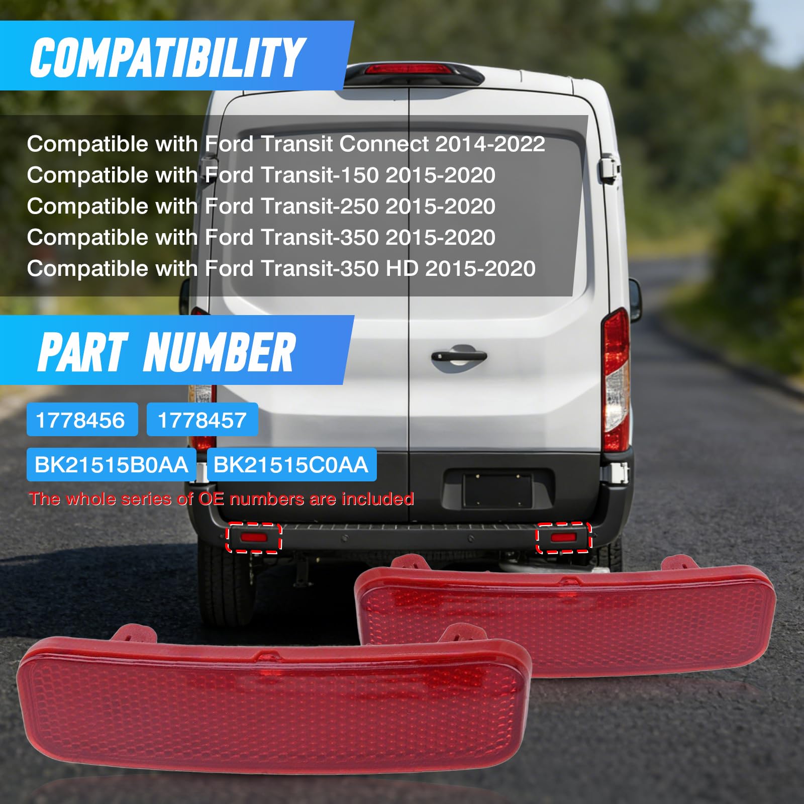 Riloer Red Heck Stoßfänger Reflektoren kompatibel mit Ford Transit Van/Custom/Connect Tourneo Ourneo/Connect, 1778456, BK21-515C0-AA, 2PCS