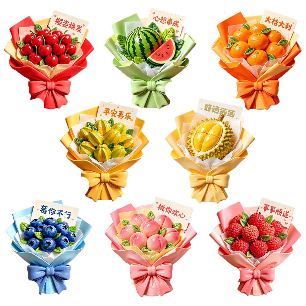 YANGSHINE 8 Pcs Mini Artificial Fruits Bouquet Fridge Magnet 3D Resin Fruit Watermelon Carambola Durian Orange Cherry Blueberries Litchi Peach Magnet for Refrigerators, Maps, Whiteboards, Lockers