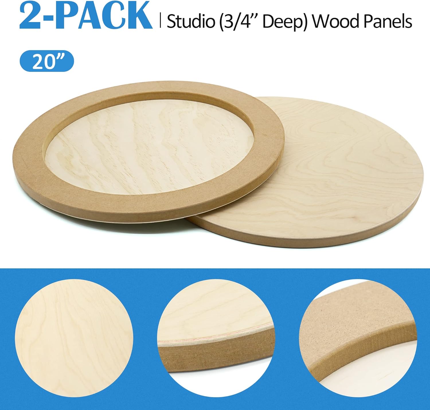Falling in Art Unfinished Round Birch Wood Panels Kit for Painting, Wooden Canvas 2 Pack of 20 Studio 3/4" Deep, Cradle Boards for Pouring, Art, Crafts, Burning and More
