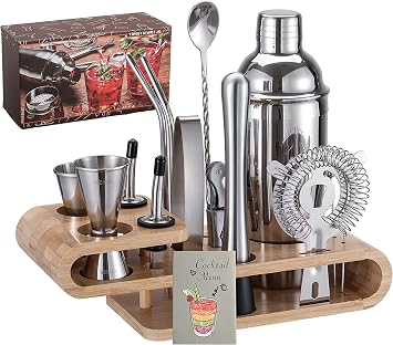 Bartender Kit Cocktail Shaker with Stylish Bamboo Stand,18-Piece Bar Tool Set with Recipes Booklet,Home Drink Mixer Set