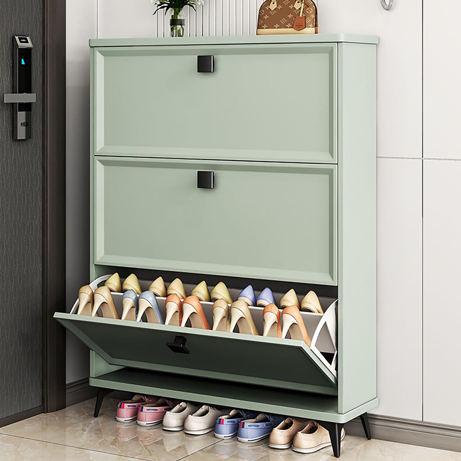 Zapatero Estrecho con Puertas y Estantes Ajustables Diseño Minimalista Armario Zapatero Ahorra Espacio Mueble Madera para Entrada Recibidor (verde60 cm/23,6")