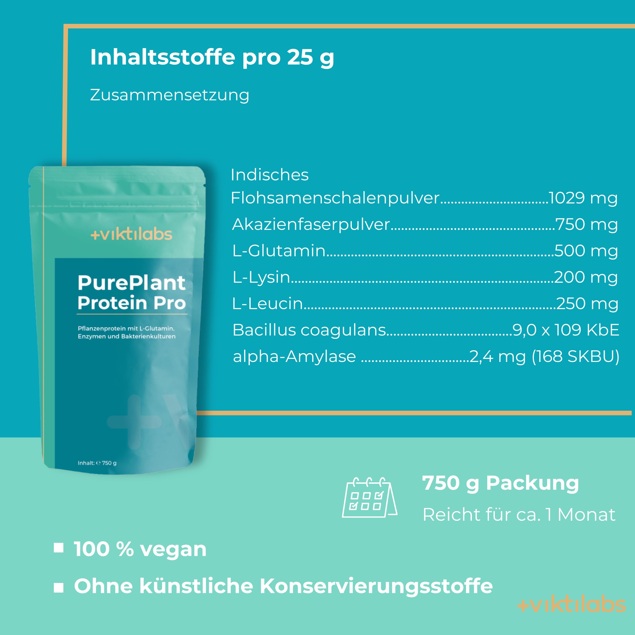 PurePlant Protein Pro - Vanille - vegan - pflanzliches Protein aus Reis & Erbsen - mit Enzymen, Probiotika & Ballaststoffen - 25 g pro Tag - 750 g