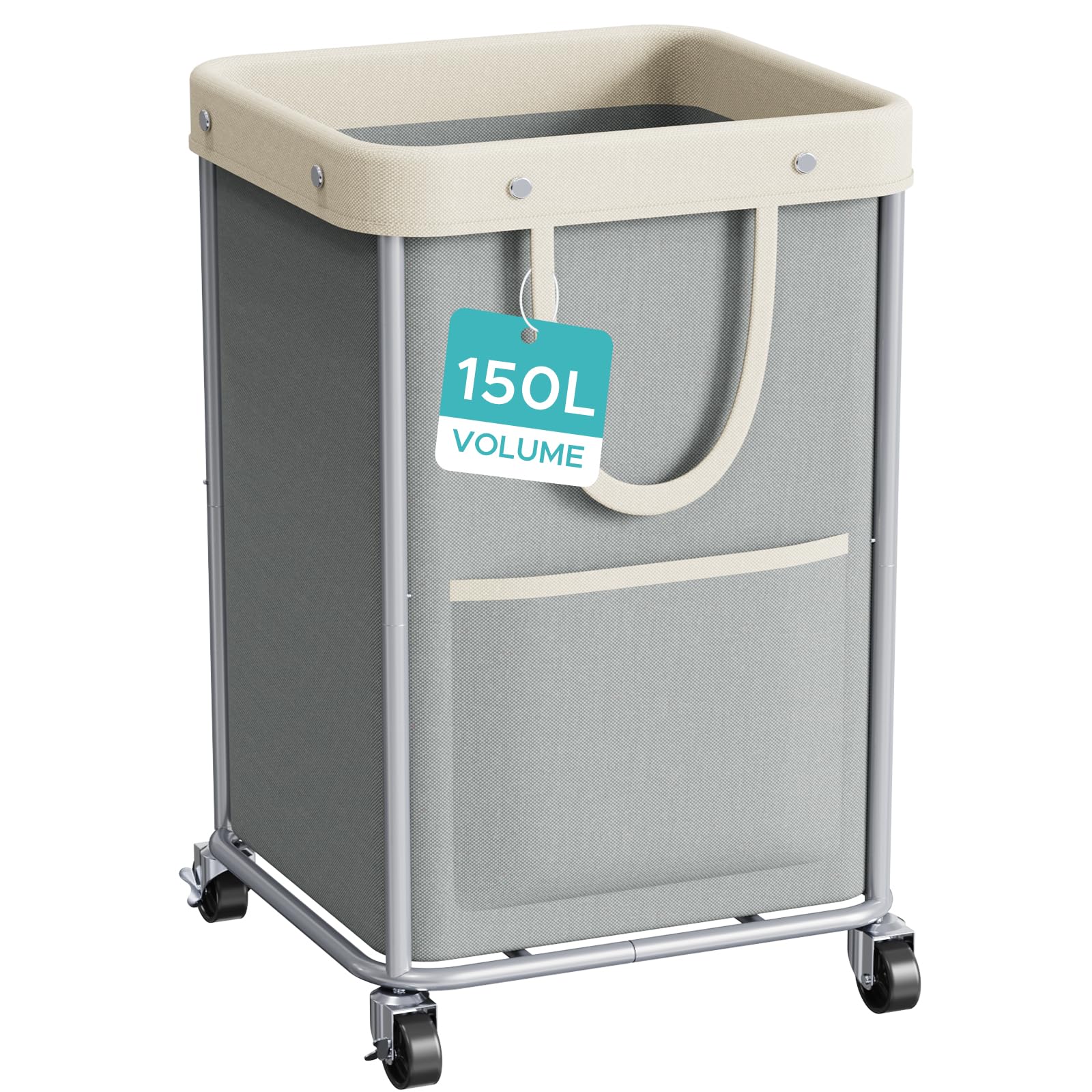 JYPS Laundry Basket With Wheels, 150L Large Rolling Hamper W/Metal Frame & Removable Bag, Waterproof Oxford Fabric, 2 Side Bags, Dirty Clothes Storage Cart For Laundry Room, Dorm, Bedroom, Bathroom