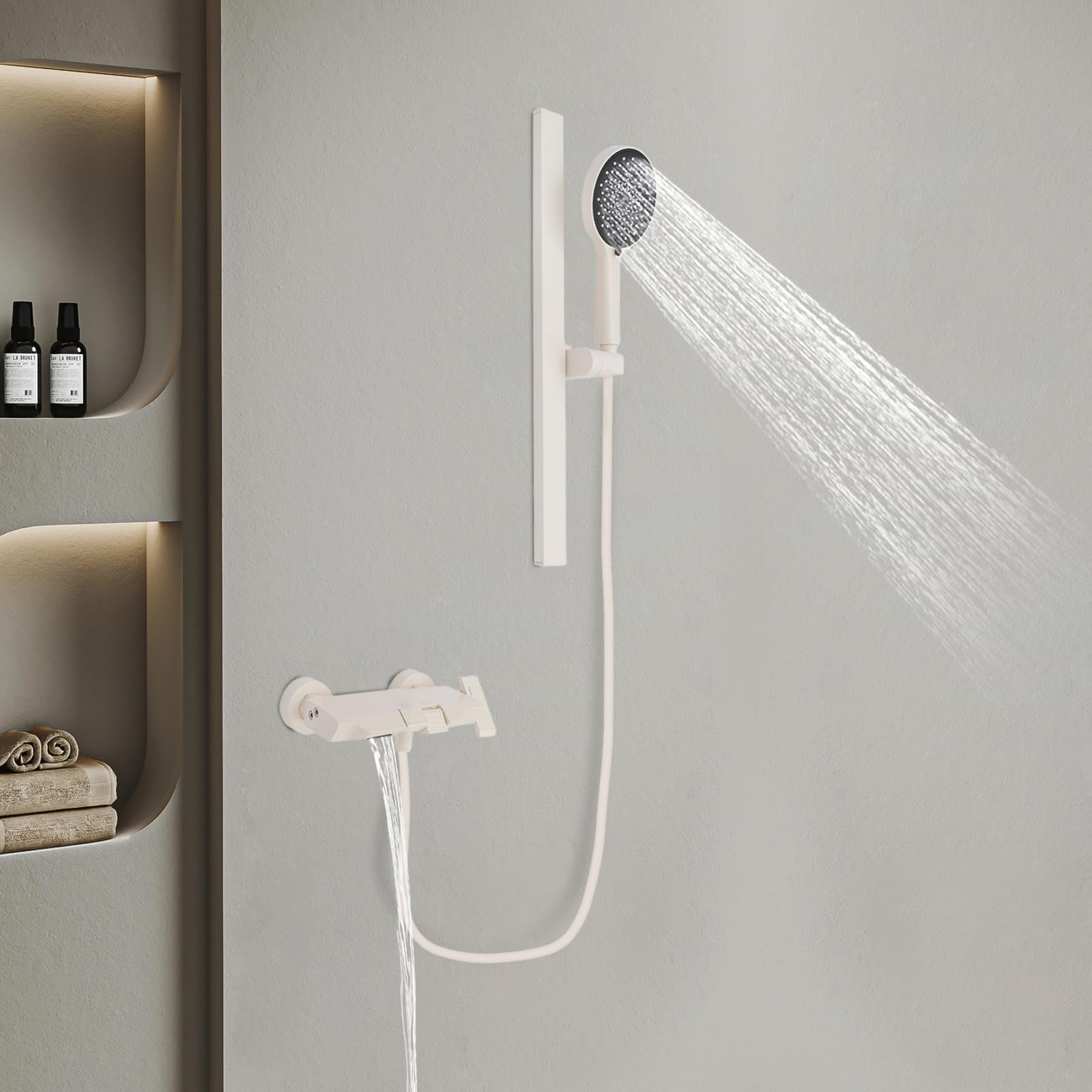 Colonna doccia con rubinetto e doccetta regolabile, set doccia a parete con 3 modalità di uscita dell'acqua, sistema doccia con asta regolabile in altezza (bianco)
