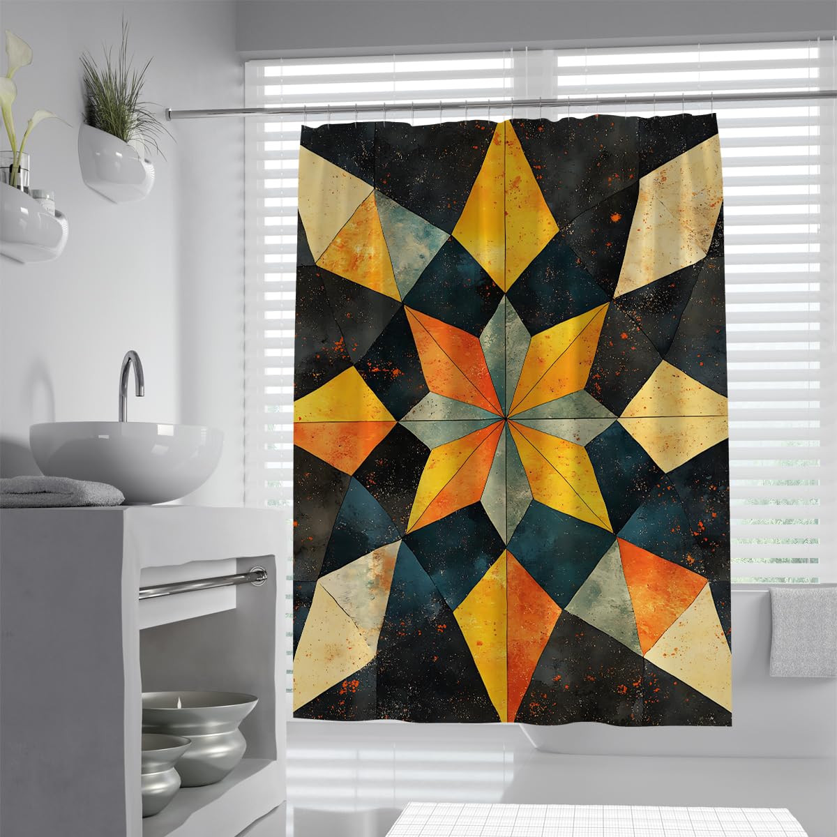 UIRINGART Retro Starburst Geometric Shower Curtain W200xL200cm Rustic Kaleidoscope Mosaic Yellow Navy Fabric Water Repellent Easy Clean Guest Toilet Bathroom Curtain With Hook