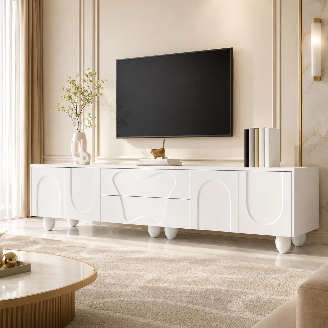 OLIVIBED TV Stand Cabinet 180 cm Long, TV Unit with 2 Doors and 2 Drawers, Media Console Table for TVs up to 70 inch, Modern TV Cabinet for Living Room Bedroom, White (White)