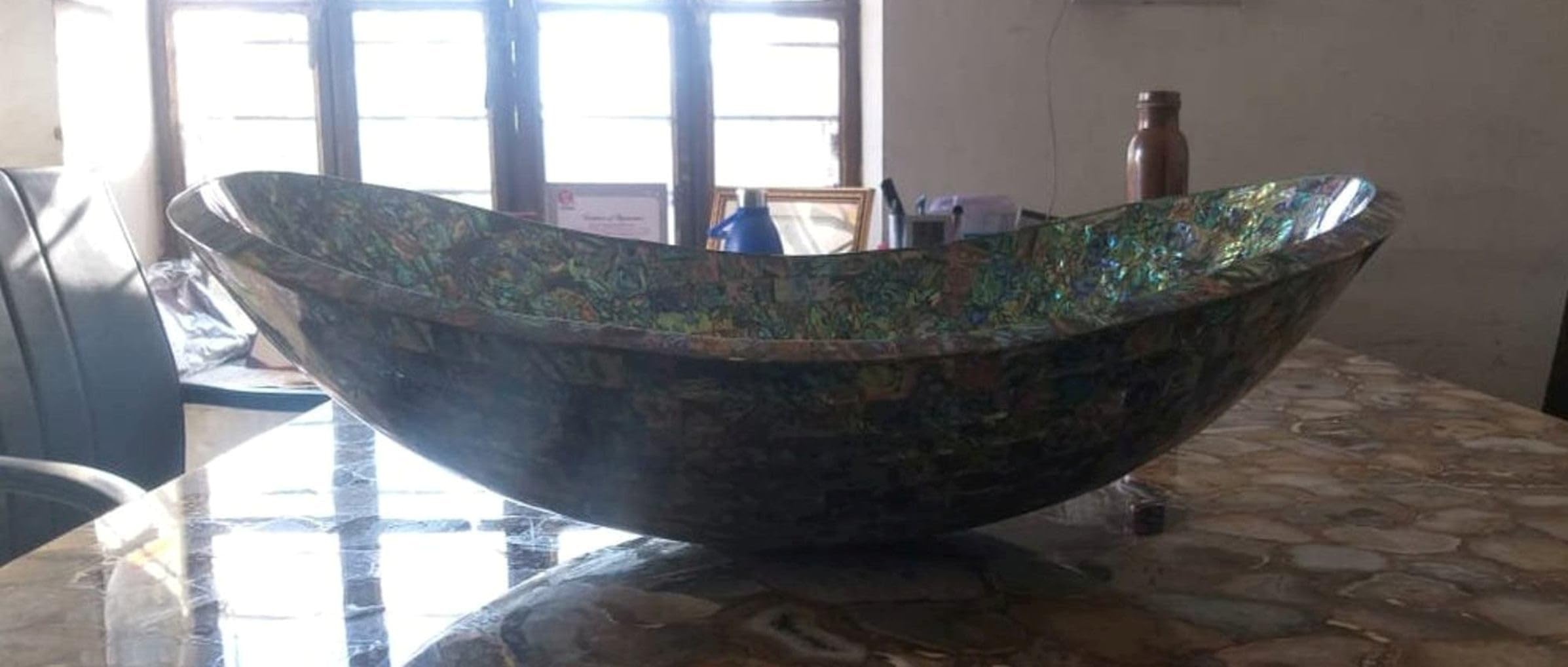 Abalone-Muschel-Spüle zur Tischmontage, Abalone-Muschel-Spüle, mehrfarbige Handwaschschüssel, Edelstein-Van-Gefäß, Abalone-Muschel, 61 x 48 cm