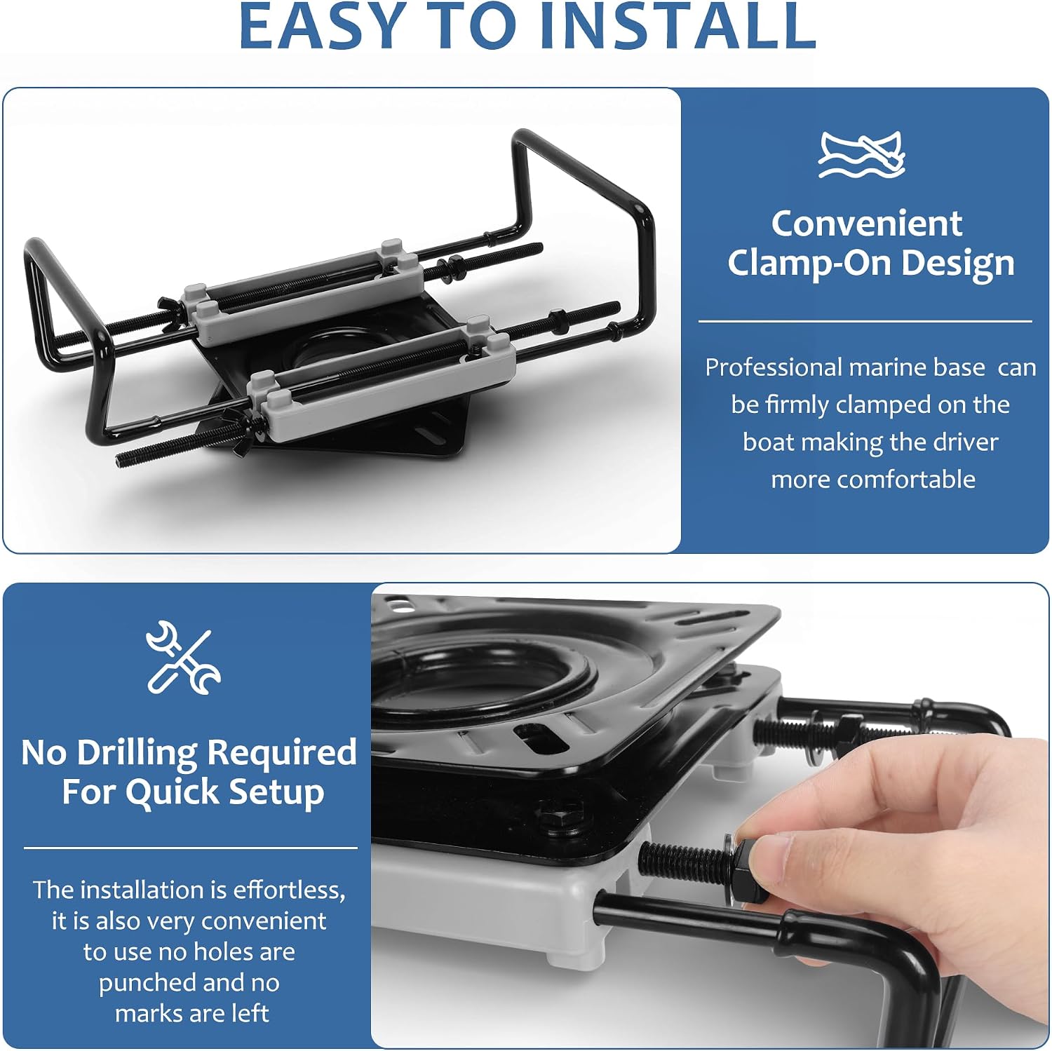 Veppak-Clamp on Boat Seat Swivel Base Mount,Kayak/Jon Boat Seat Accessories | 360-Degree Rotation Boat Seat Pedestals and Bases , Adjustable 7.5-18 Inch, Fits Jon Boat Kayak Canoe Marine Seats