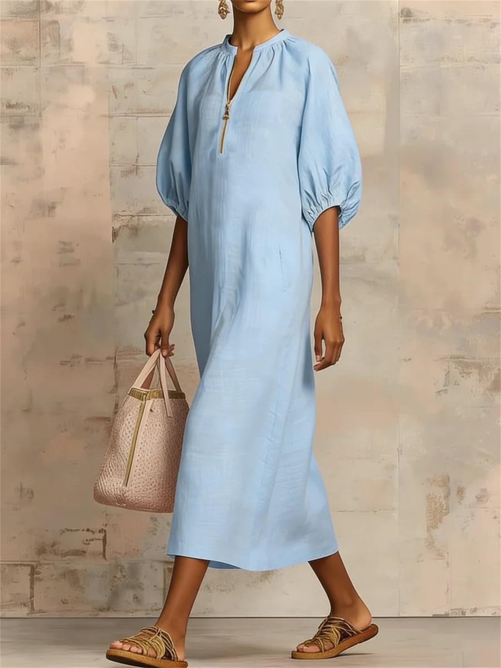 Abito Midi dalla vestibilità Ampia con Collo Diviso e Maniche a Sbuffo | Abito primavera-estate casual ampio con scollo a V e abito da vacanza casual con tasche