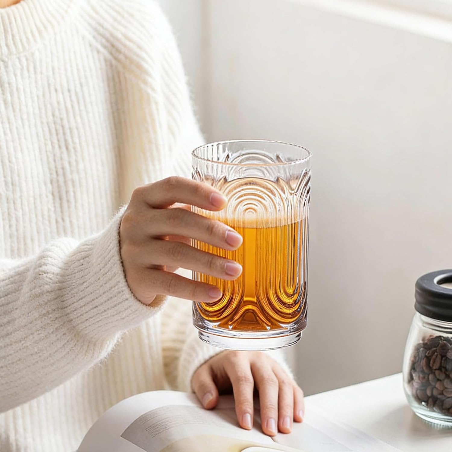 INSETLAN Set of 6 Vintage Glassware - 14 oz Water Drinking Glasses, Art Deco Ripple Glass Cup, Cocktail Glasses, for Bar Beverages Ice Coffee Juice, Housewarming Presents, New House Essentials - Image 4