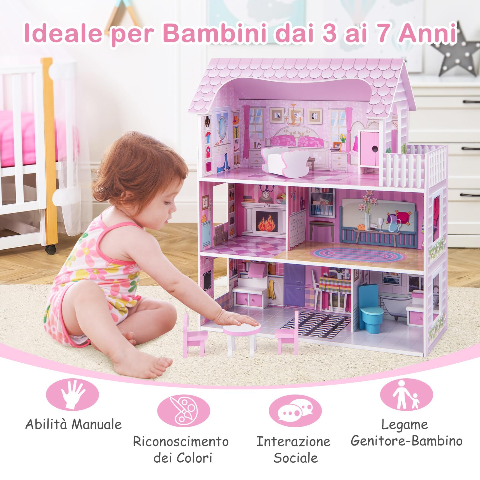 COSTWAY Casa delle Bambole in Legno per Bambina Giocattolo dei Bambini 3 Piani con Mobili e Accessori