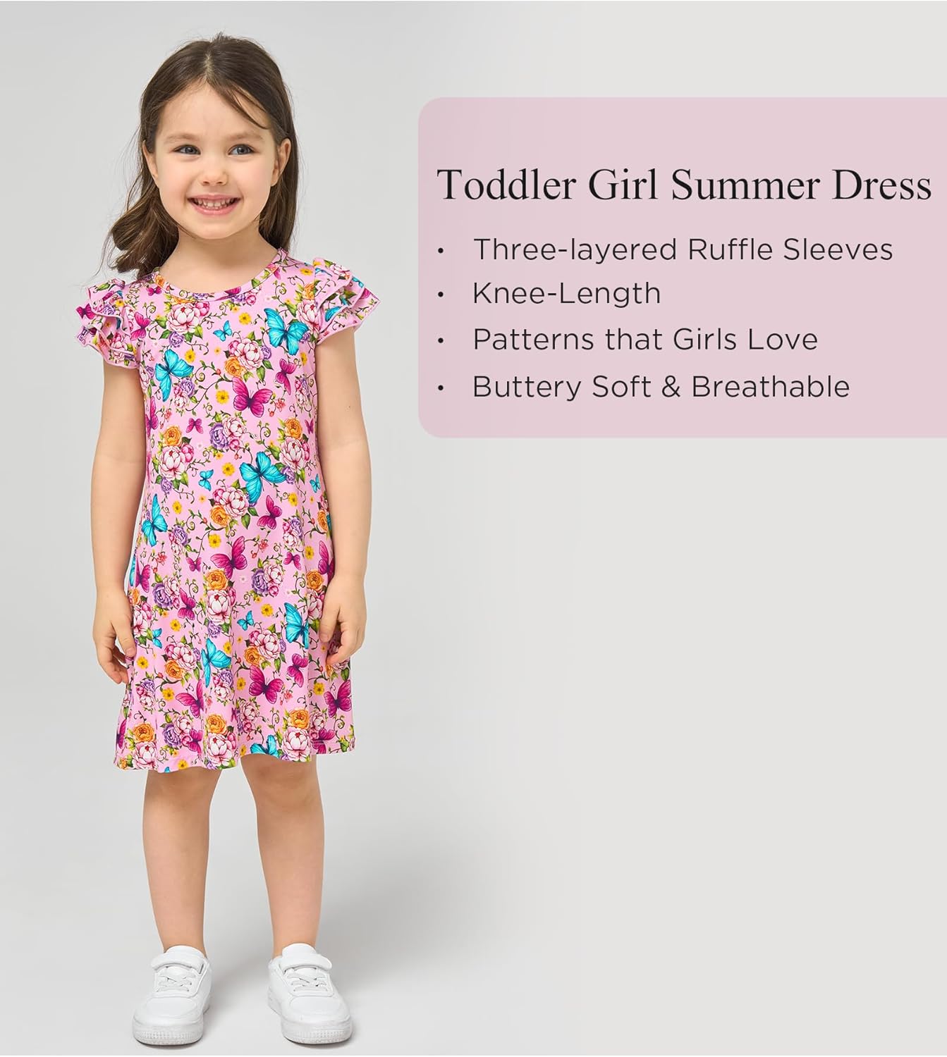 Toddler Girl Dresses 2-5T, Bamboo Viscose Ruffle Sleeve T Shirt Dress, Casual Summer Outfit for Little Girl - Image 2