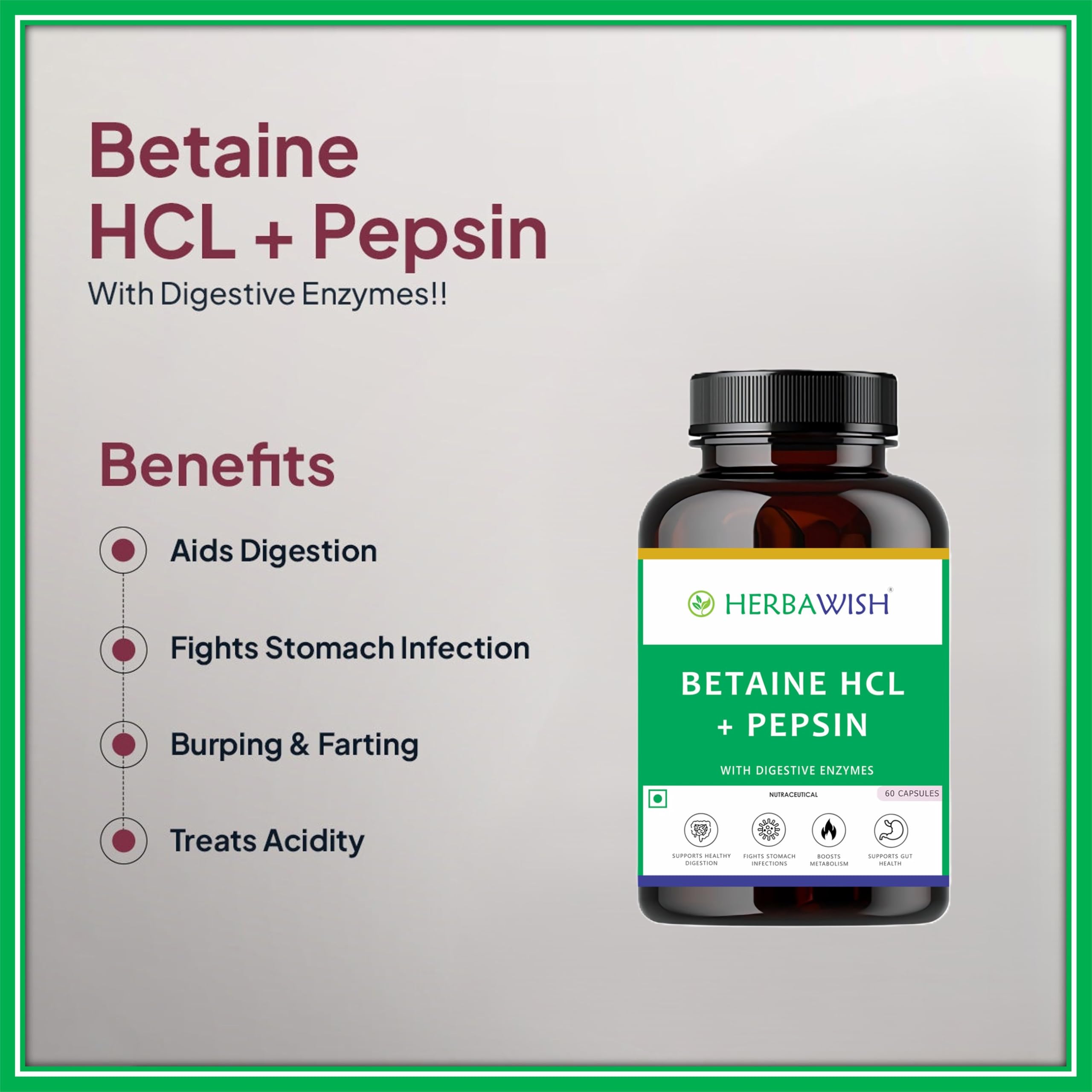 Herbawish Betaine HCL + Pepsin Capsules with Digestive Enzymes | Digestive Support Supplement for Gut Wellness, Nutrient Absorption & Digestive Comfort | 60 Capsules 2