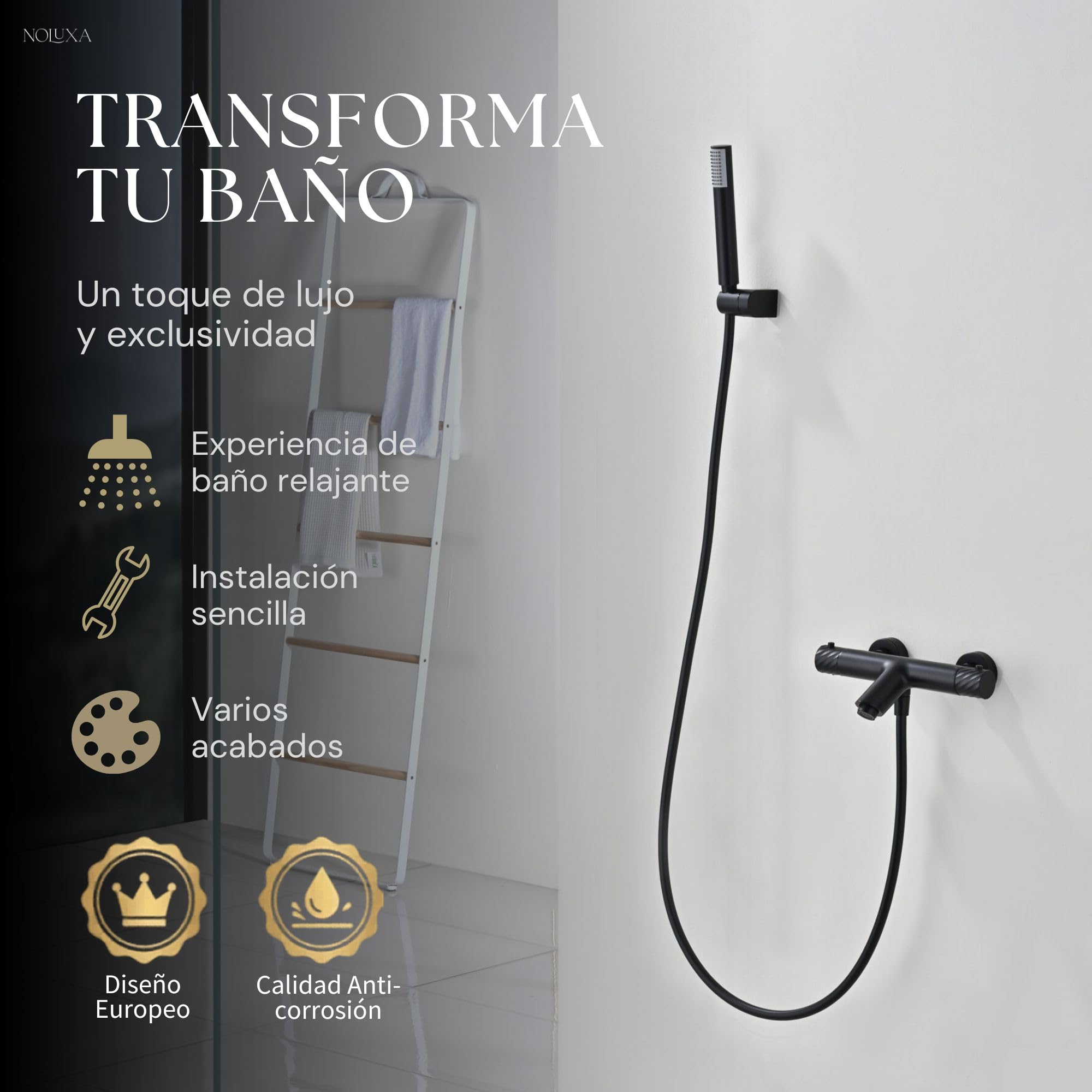 IMEX - Miscelatore Termostatico per Vasca e Doccia, Nero | Miscelatore a Parete con Supporto per Soffione Doccia e Tubo Flessibile | Rubinetto in Ottone e Acciaio Inox S.304 | Serie Bless | Nero Opaco