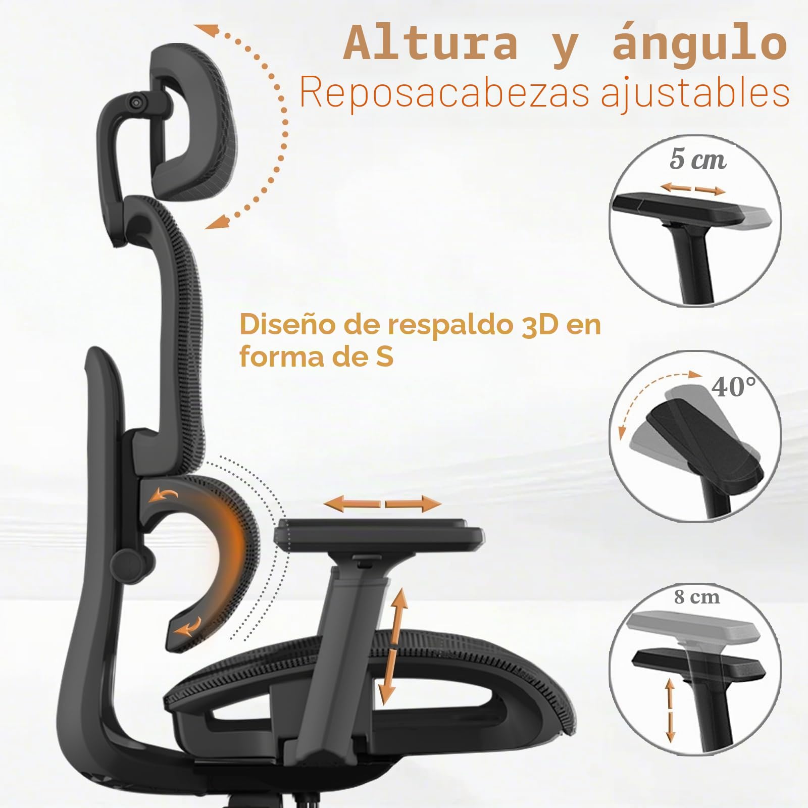 Silla de Oficina Ergonómica,Silla de Escritorio de Respaldo Alto con Soporte Lumbar 3 Niveles y Reposacabezas Ajustable,Silla de Computadora en Malla Giratoria Ajustable en Altura(Negro)