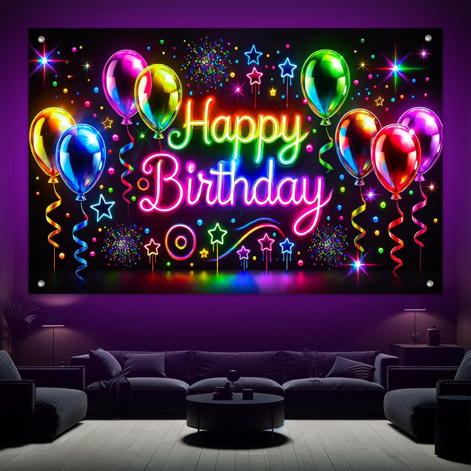 Neon Happy Birthday Banner 71x43 Inch Glow Party Decorations Backdrop Balloons Stars Luminous Birthday Party Decoration Photo Booth Props Background For Girls or boys gifts