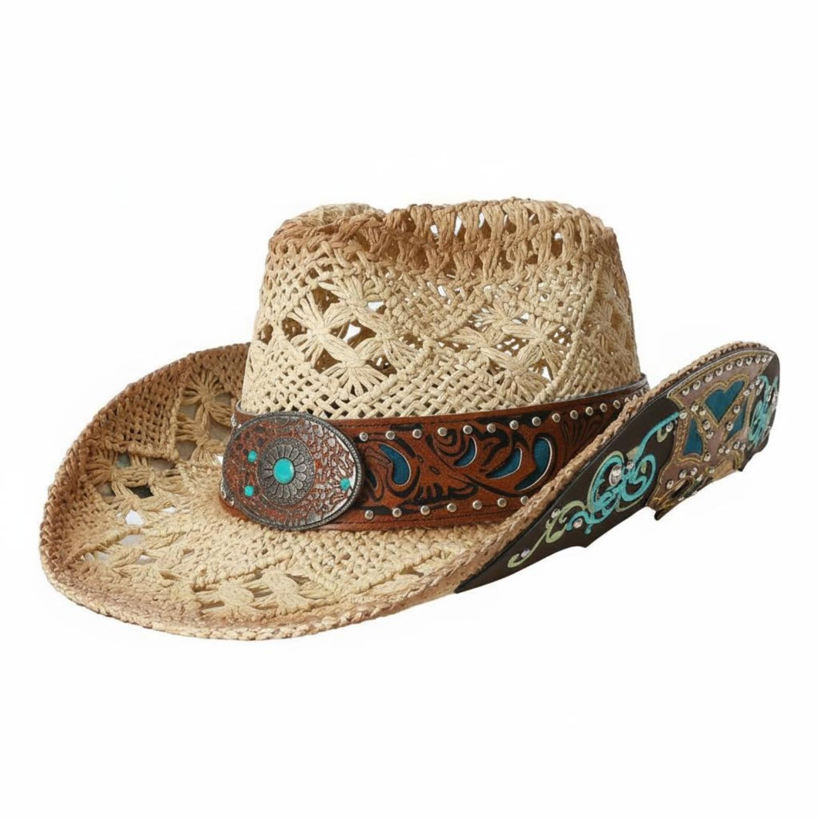 MYADDICTION Embroidered Straw Cowboy Hat Decorative Belt Turquoise Band Cowboy Hat Vintage Design Fashion Accessory for Vacation, Beach, Outdoor, Beige Coffee Band-image-41