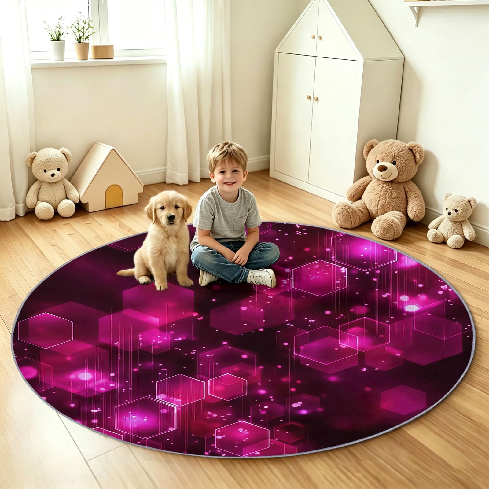 Alfombra moderna redonda antideslizante lavable para salón, color morado