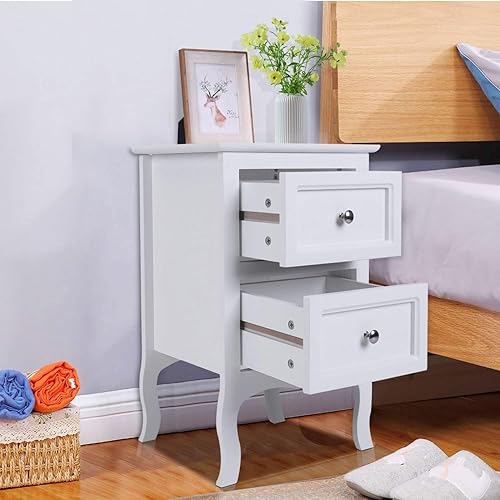 Miniatura 2 de Mesita de noche blanca con 2 cajones, moderna mesa de almacenamiento lateral de cama, mesa auxiliar de madera con patas de madera maciza para