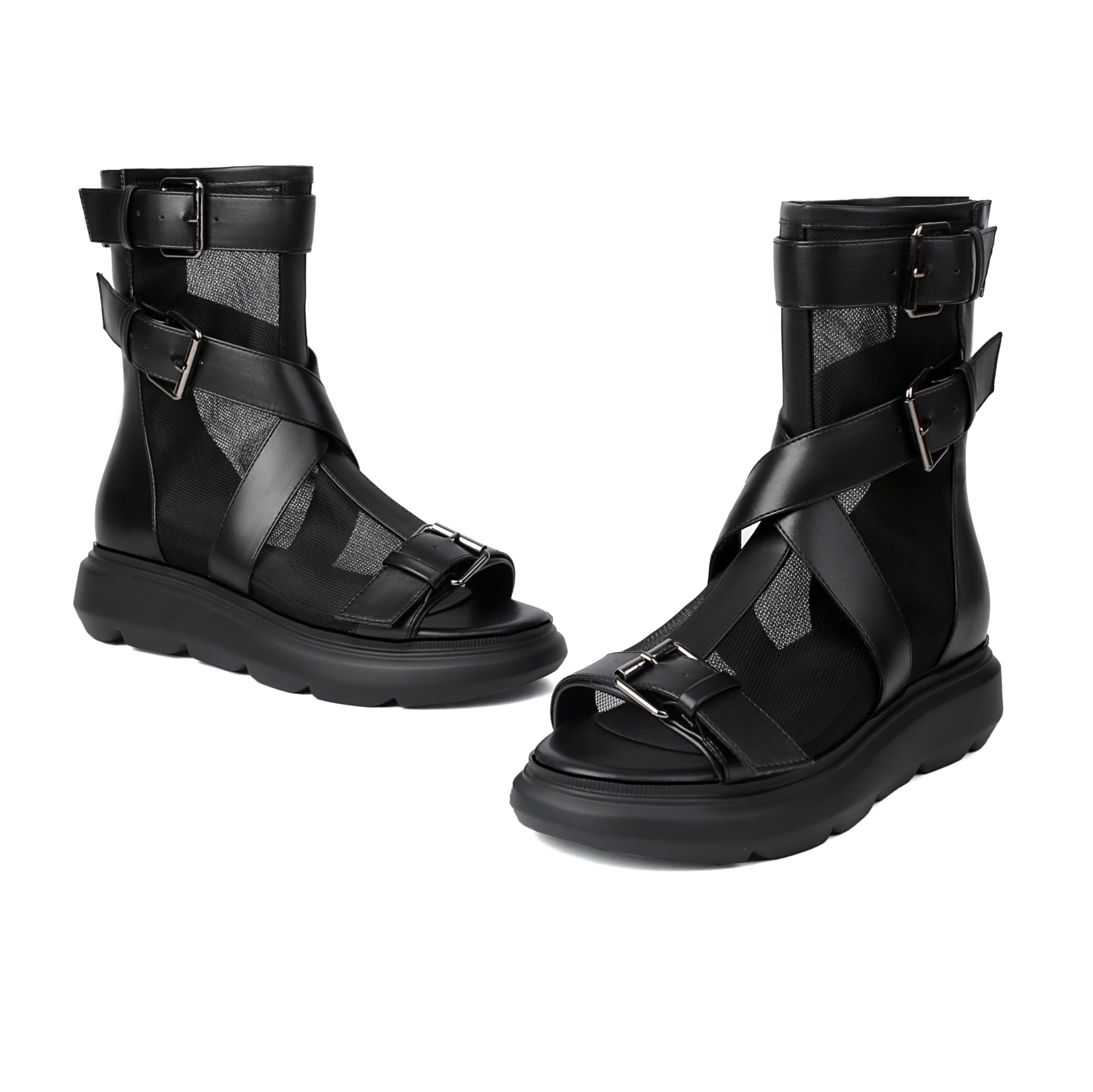 Feinlina Schwarz Leder Mesh zehenfreie Schuhe Flache Plateausandalen mit Schnallenriemen Hinterer Reißverschluss Bequeme Reiseschuhe