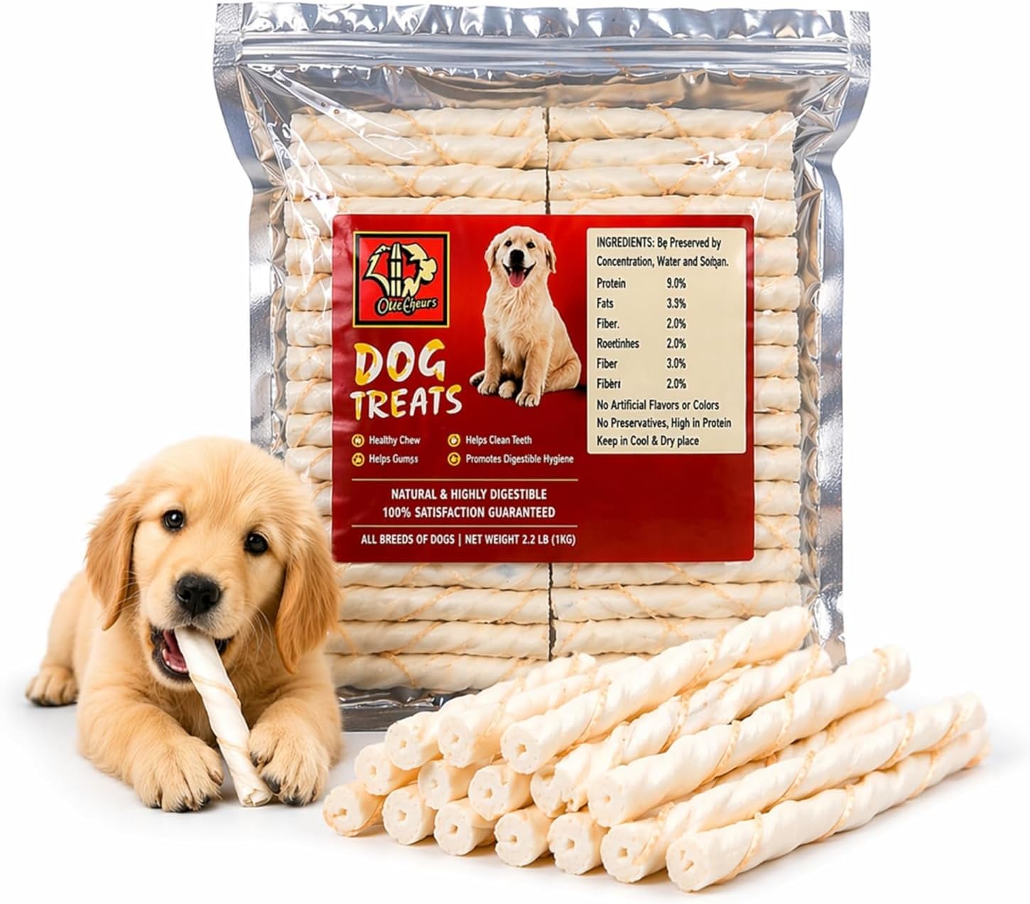 Dog Food Chew Stick Milky Rawhide Calcium Twisted Munchie Treats Nutritional Benefits Strengthen Bones and Teeth for All Breeds Dogs and All Life Stages (250 Gram)