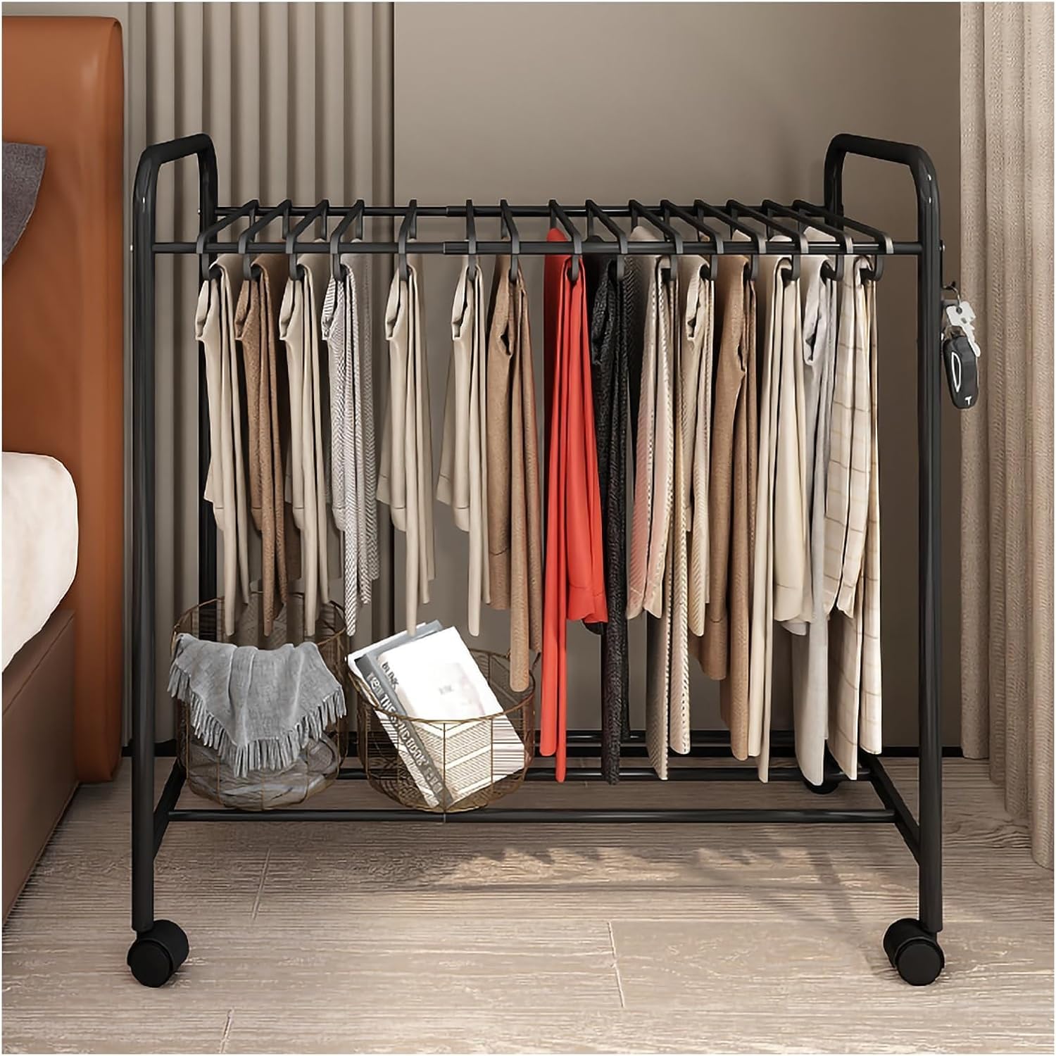 Perchero de pie para Pantalones, retráctil, Independiente, para exhibición de Bufandas y Pantalones, con 24 Perchas, Organizador de Metal para Colgar sábanas móviles con Ruedas (Color: Negro