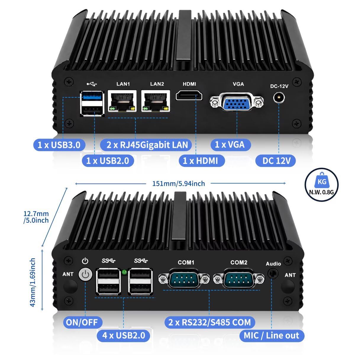 Fanless Inderstrial Embedded Mini PC J1900 X86 Barebone NO RAM/SSD | Cheap Embedded PC with Dual Gigabit Ethernet, Dual RS232 COM, Sim Card Slot, VGA HD Display, 6 USB, Win/Linux