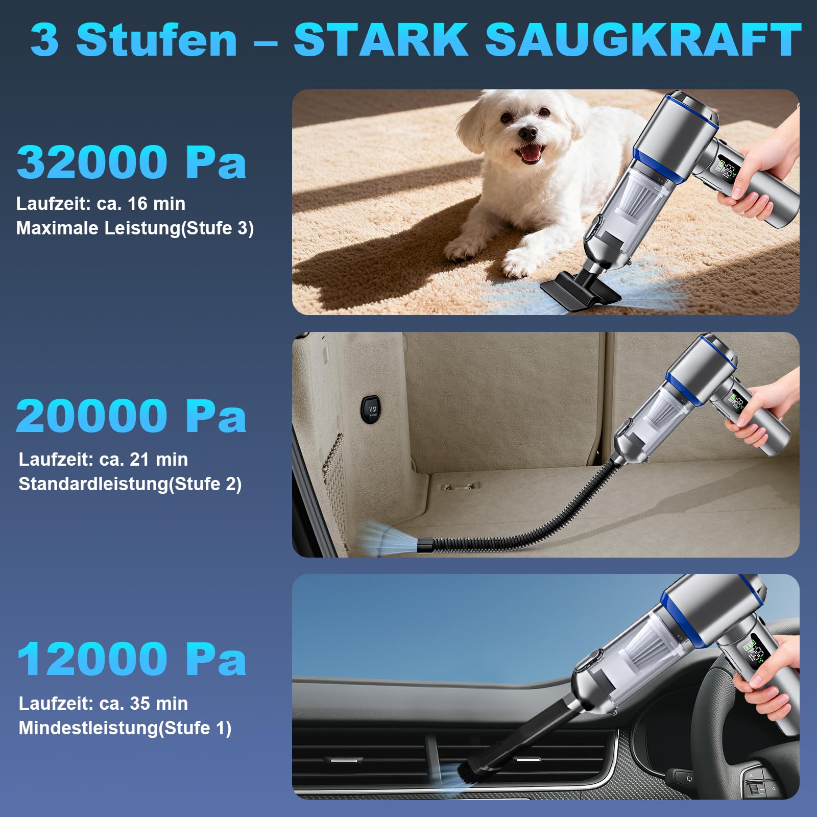 Handstaubsauger Akku, 4-in-1 Handstaubsauger, 32000PA Auto Staubsauger Stark, Handstaubsauger Auto, 3-Gang 300000 U/min Staubsauger, Bürstenlosem Motor, LCD Display Autostaubsauger, für Auto, Büro