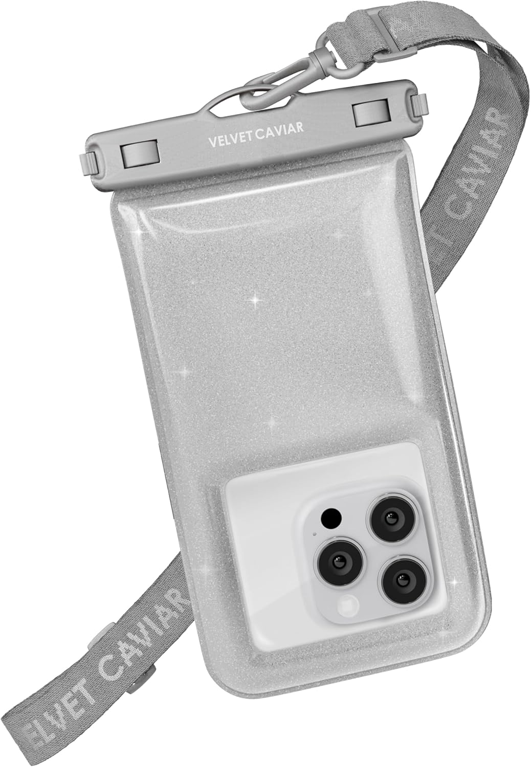VELVET CAVIAR Waterproof Phone Pouch with Lanyard | IP68 Floating Case for iPhone & All Phones | Dry Bag for Snorkeling, Beach, Kayaking | Travel & Cruise Essentials for Women (Silver Stardust)