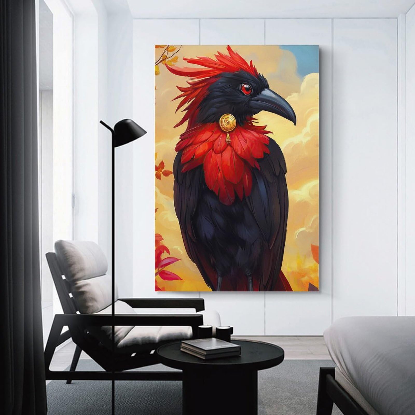 Junmoney Red-Crested Raven Canvas Art Print 24x36inch(60x90cm), for Bedroom Decor, Cosy Corners Or Studios, An Easy Wall Refresh for Bedrooms