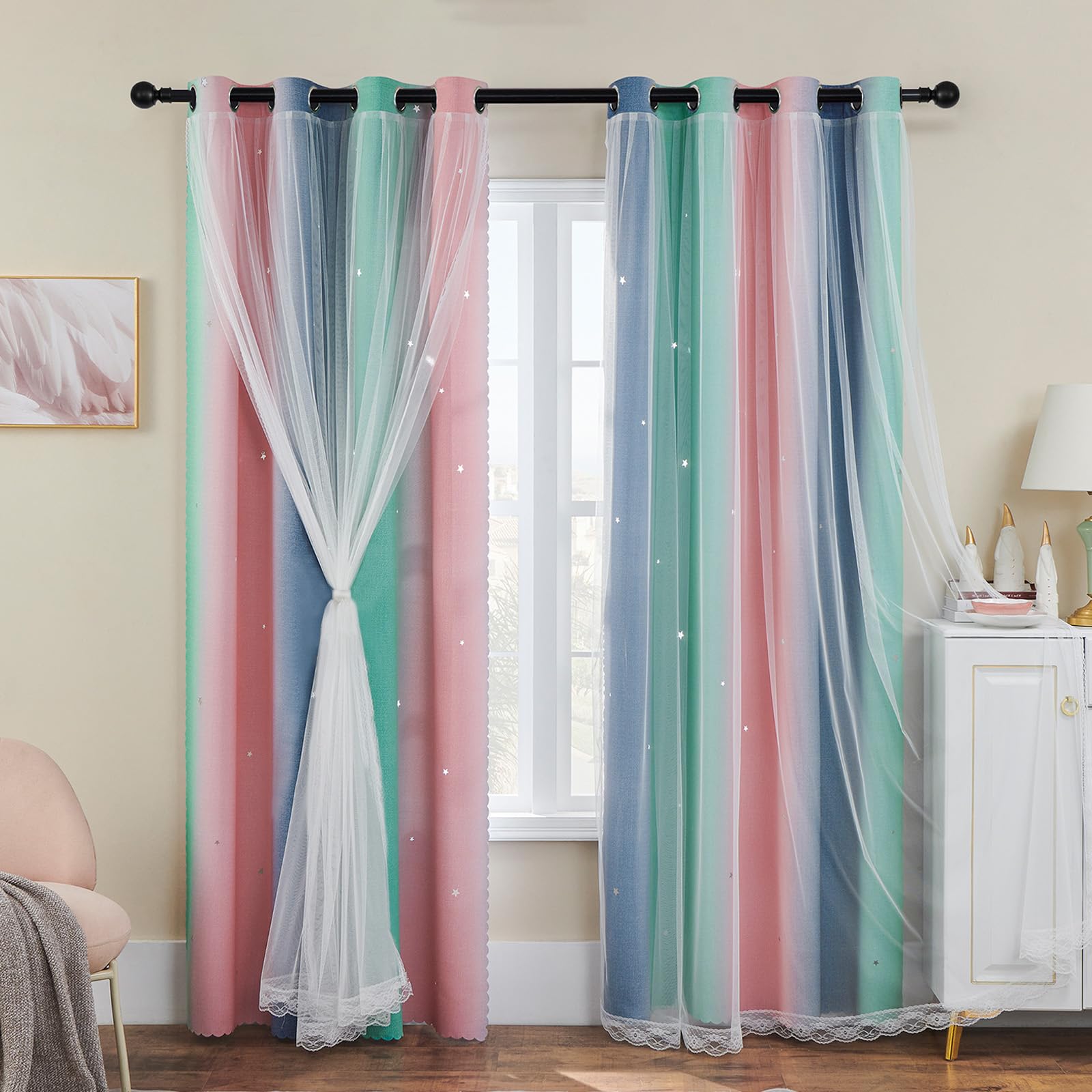 XiDi Grüne Vorhänge für Schlafzimmer 214 cm Drop Double Layer Star Decoration Vorhänge mit Voile für Erwachsene Kinderzimmer Glasschiebetür Regenbogen