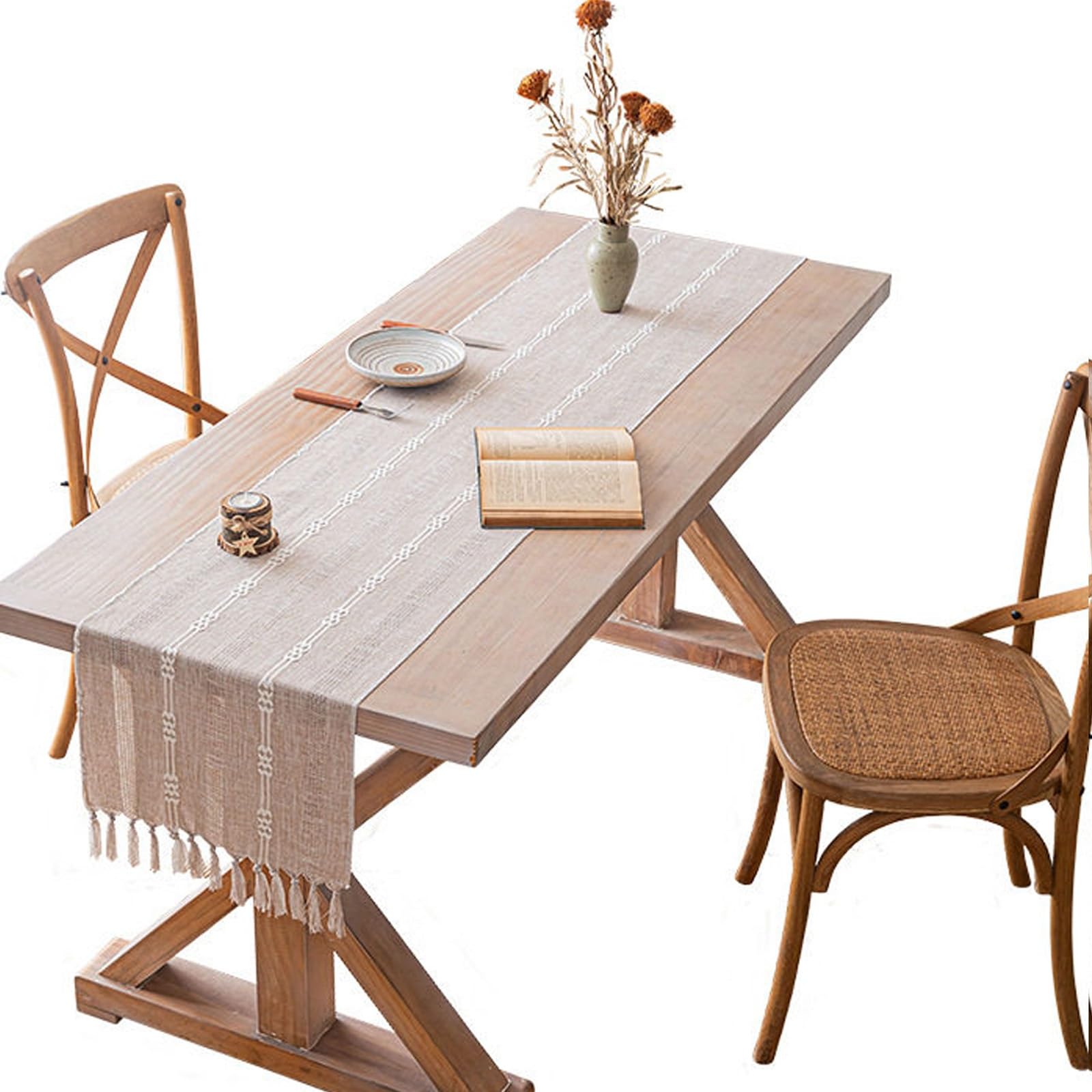 Minimalist Striped Tassel Table Runner, Hollow Out Jacquard Table Dresser Scarf, Woven Decorative Cover for Dining, Coffee Table & Sideboard(Light brown,200cm/78.7in)