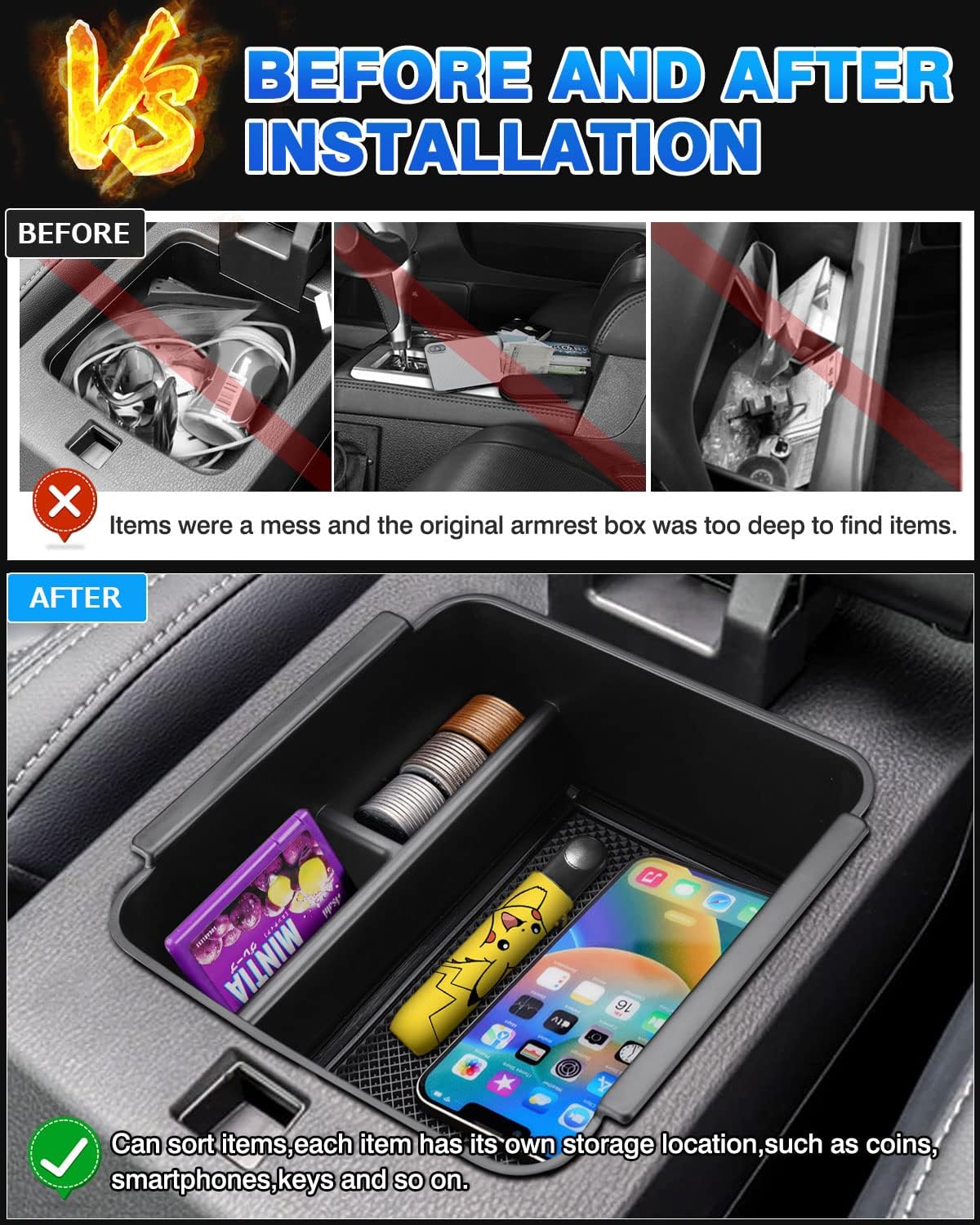 Karltys Center Console Organizer Tray for Mitsubishi Outlander 2022-2023 2024 Accessories (NOT for Outlander Sport) Middle Console Organizer Armrest Storage Box with Non-Slip Silicone Liners