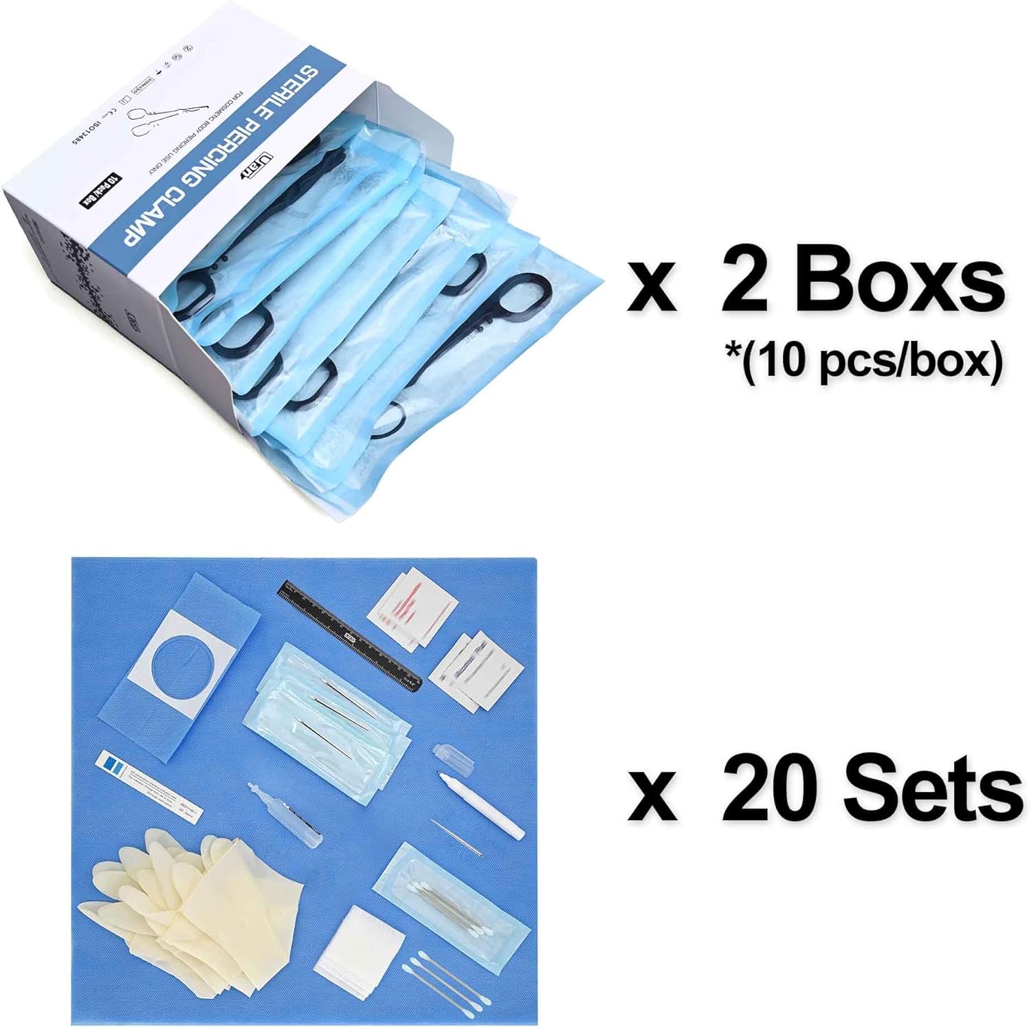 UAN Sterilized Piercing Clamp 20 pcs,14G Navel Piercing Sterile Body Piercing Kit 20 Box