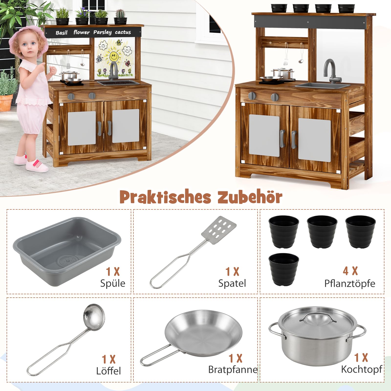 DREAMADE Matschküche Kinder Outdoor, Spielküche aus Tannenholz mit Waschbecken, Wasserhahn, 2 Herden, 2 Kochtöpfen, 4 Pflanztöpfen & Acryltafel, Outdoor-Holzküche für Kinder ab 3 Jahren