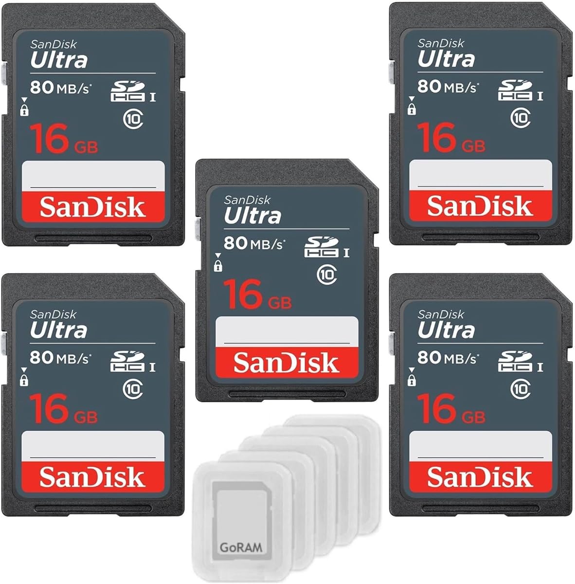 16GB Ultra SDHC UHS-I 80MB/s SDSDUNS-016G-GN3IN (5 Pack) Bundle | with (5) GoRAM Plastic Cases – U1, C10, Full HD, Camera Card
