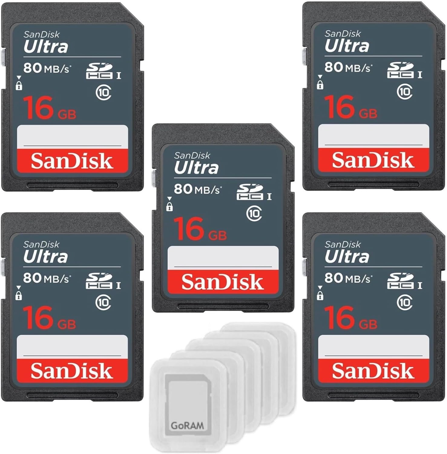 SanDisk 16GB Ultra SDHC UHS-I Class 10 Memory Card 80MB/s U1, Full HD, SD Camera Card SDSDUNS-016G-GN3IN (5 Pack) Bundle with (5) GoRAM Plastic Cases